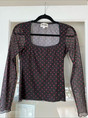 Rouje Black Mesh Long-Sleeve Top with Red Polka Dots